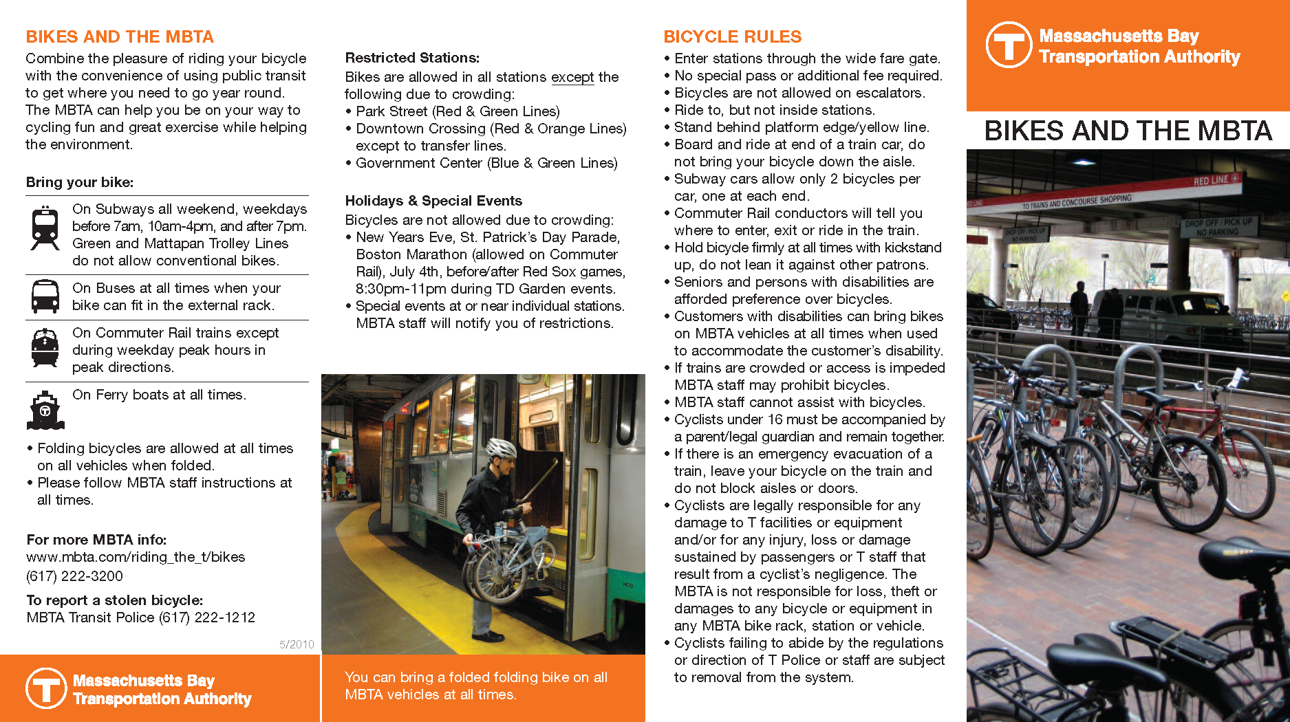 An image of "Bikes and the MBTA" brochure. Page 1 of 2.